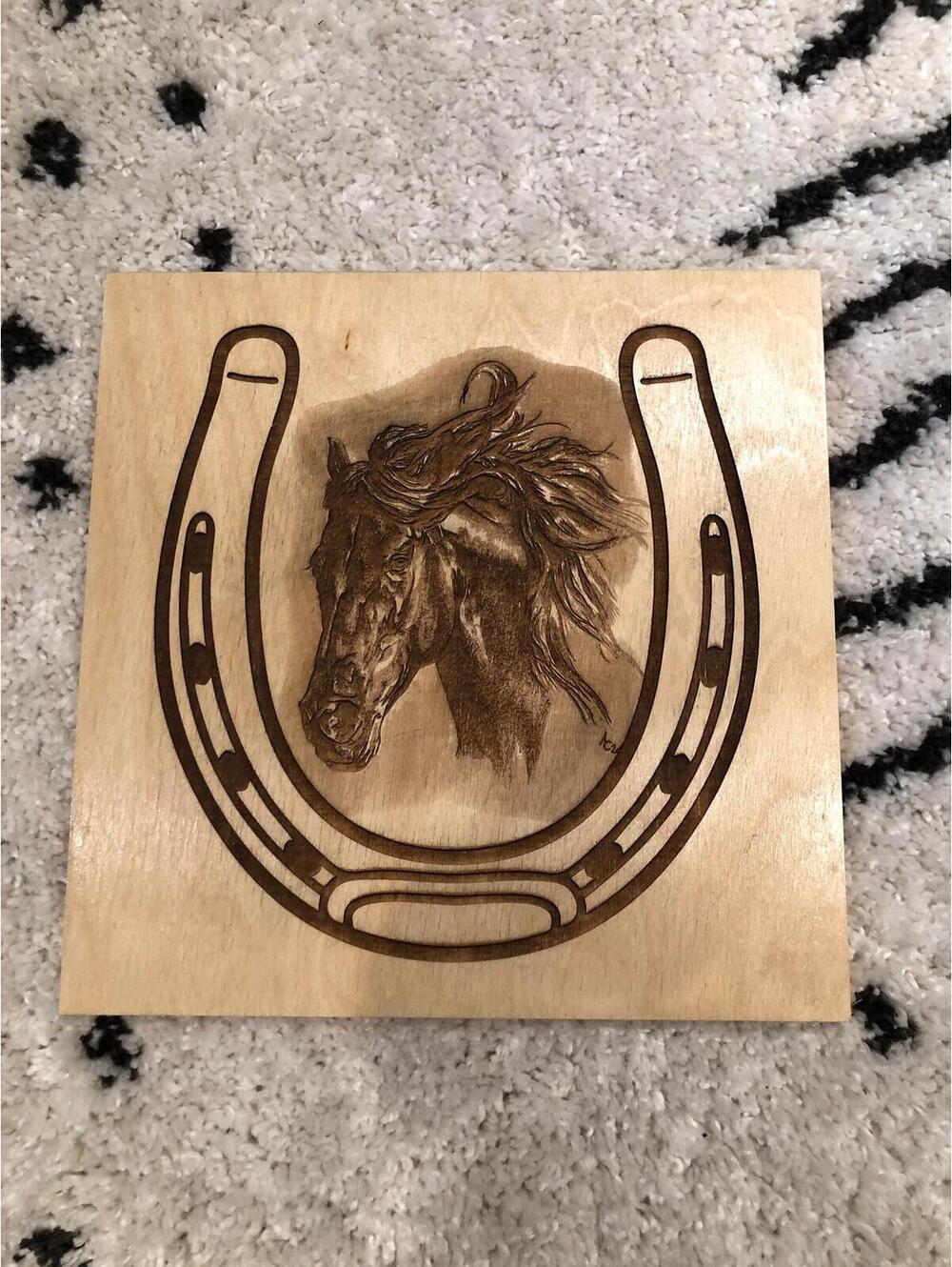 Horse & Horseshoe Etched/Engraved Decorative Wood Frame, 12" x 12"